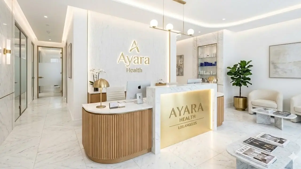 Ayara Health reception with marble, warm lighting, and wood detailing