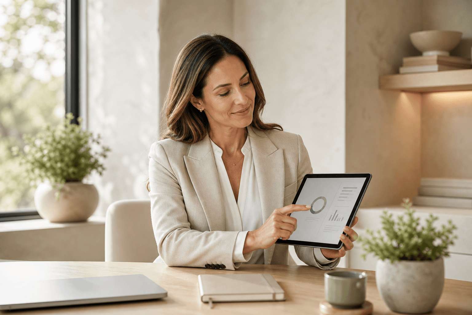 Clinician reviewing a longevity wellness plan on a tablet in a private office