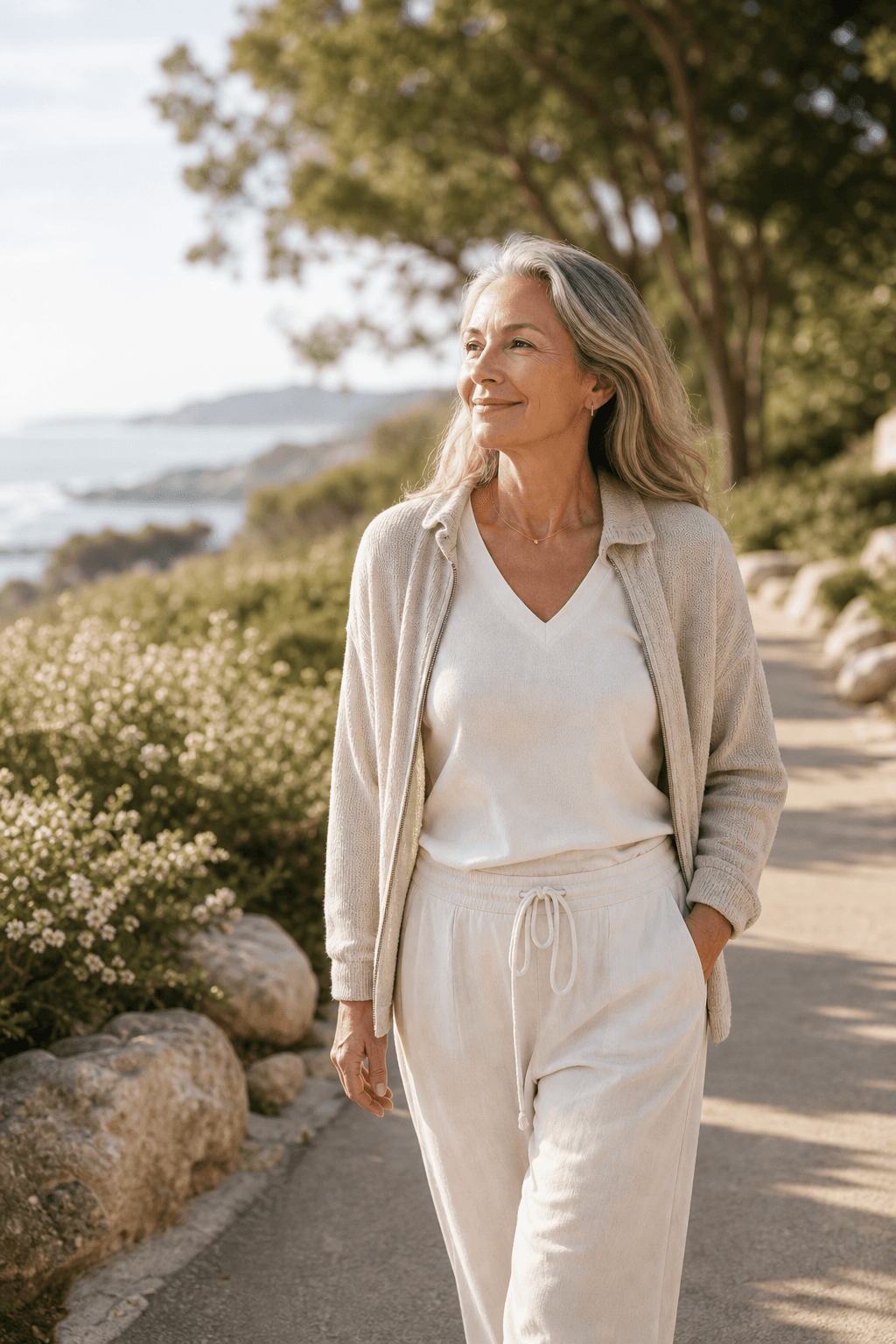 Adult walking on a coastal path in warm morning light