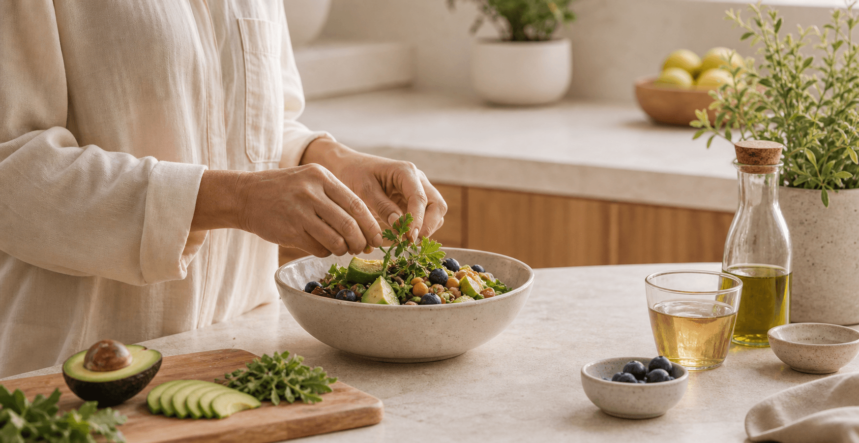 Hands preparing a bowl of fresh greens and berries in a bright kitchen