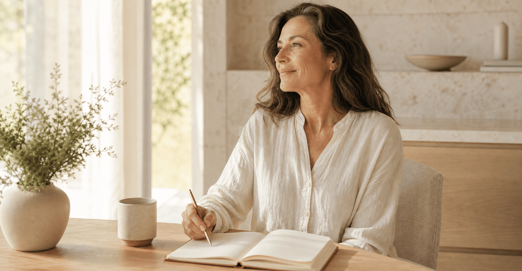 Adult journaling beside a sunny window with tea