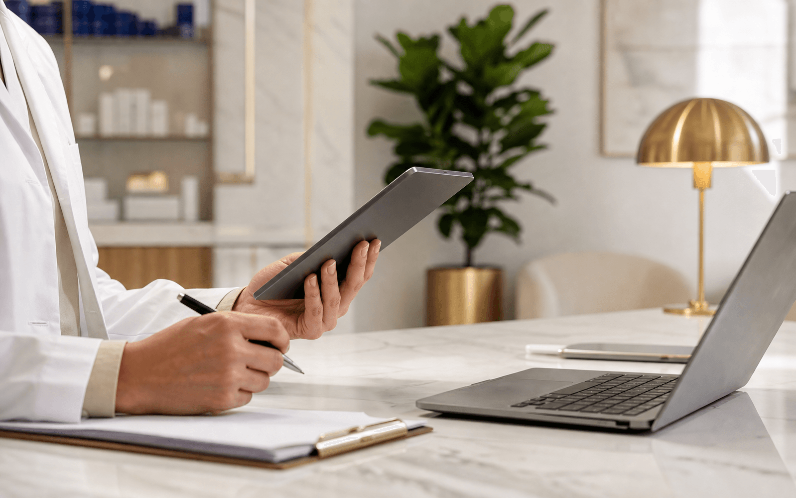 Clinician in a doctor office reviewing patient notes with a tablet and laptop