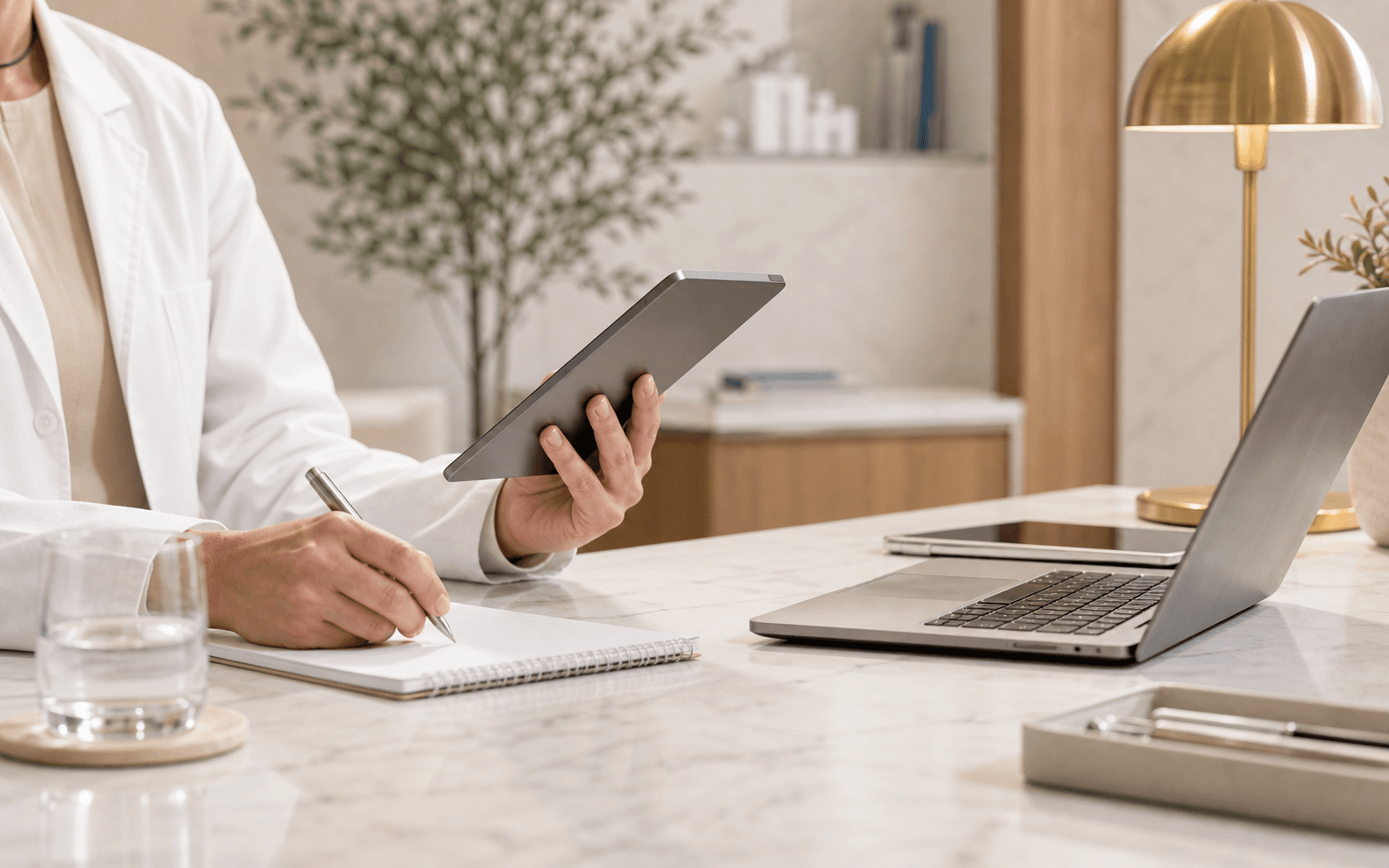 Clinician reviewing notes and a tablet beside a laptop in a private medical office