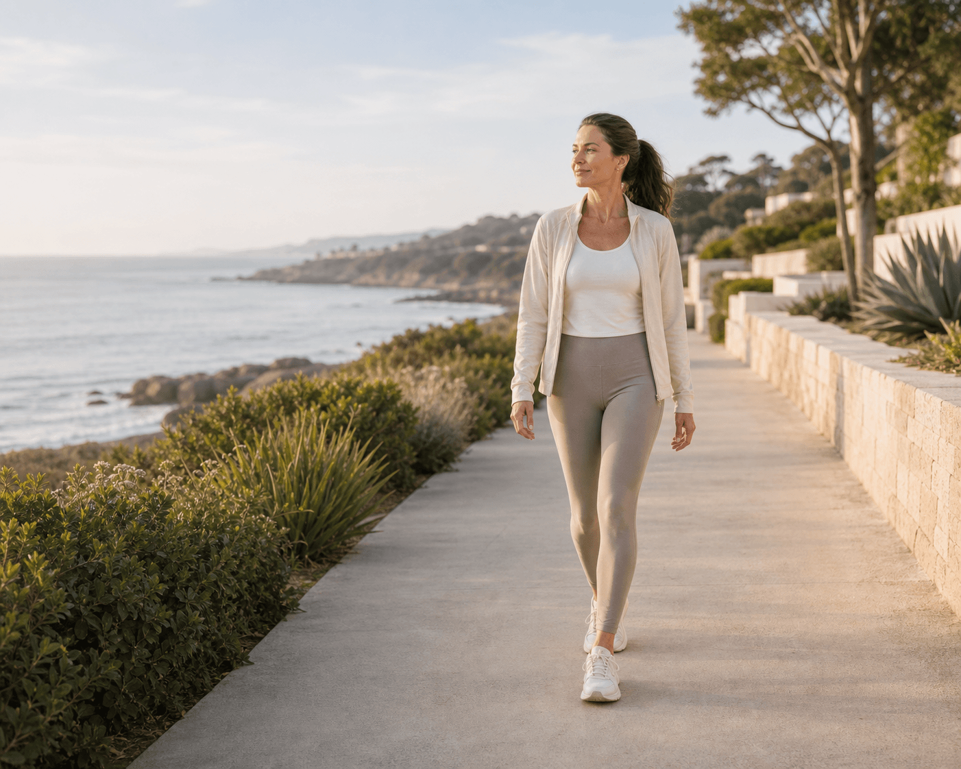 Fit woman walking in soft coastal light as part of a steady wellness routine