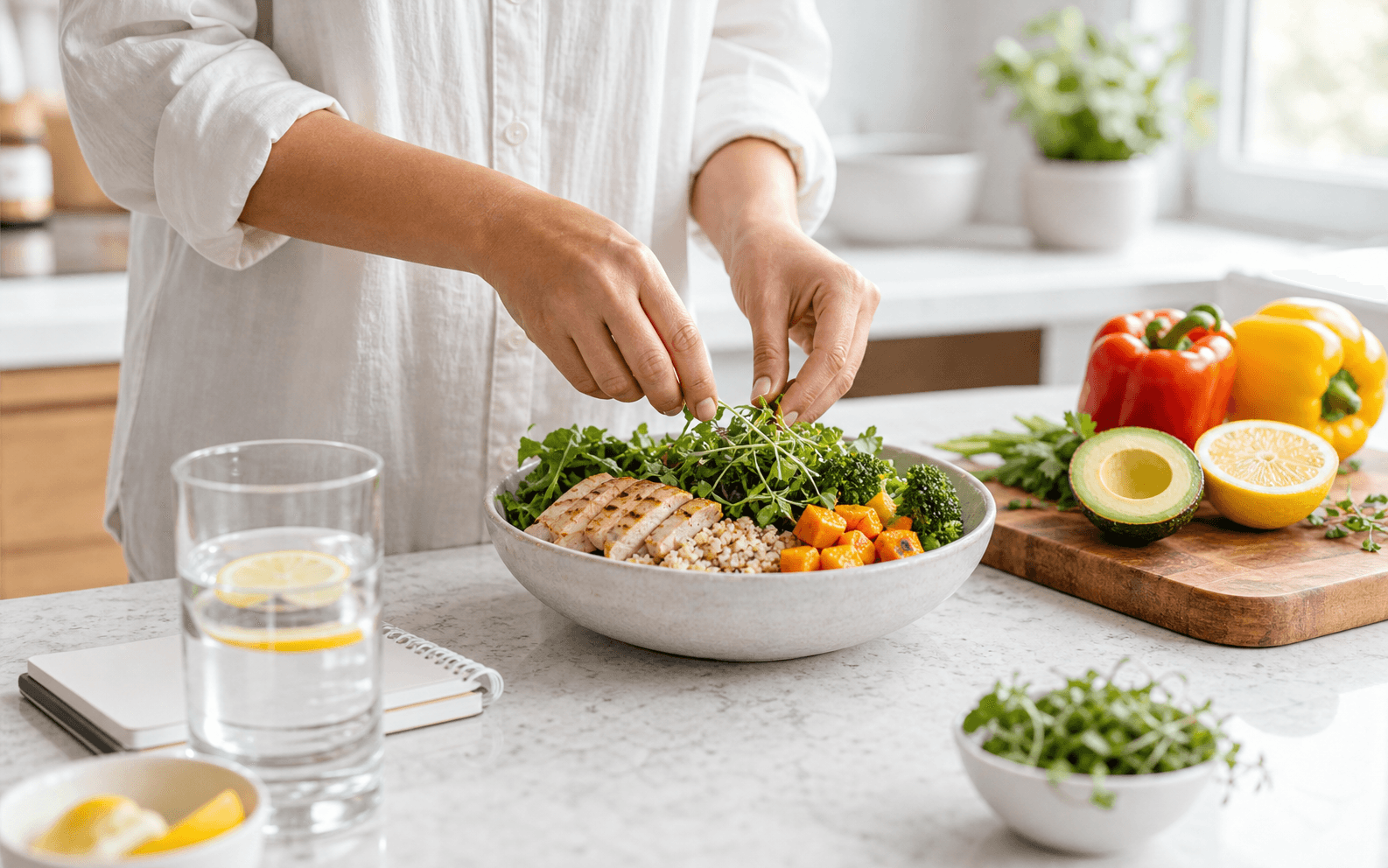 Hands preparing a balanced meal on a bright kitchen counter